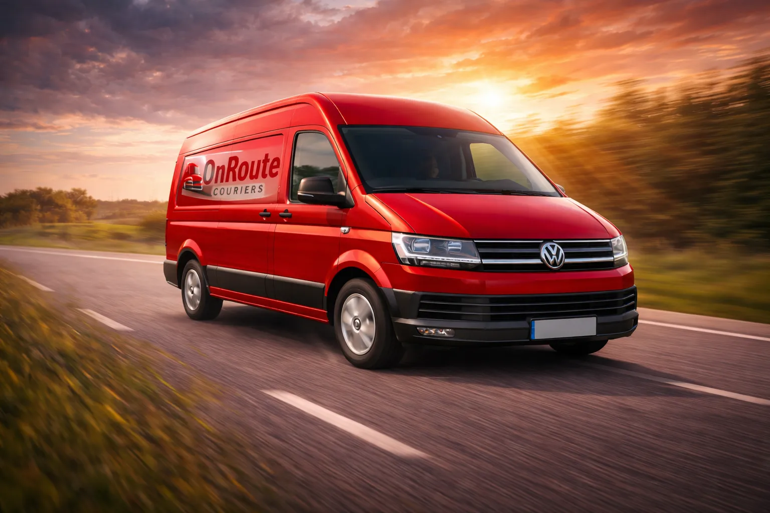 Red OnRoute van on the road providing nationwide courier delivery