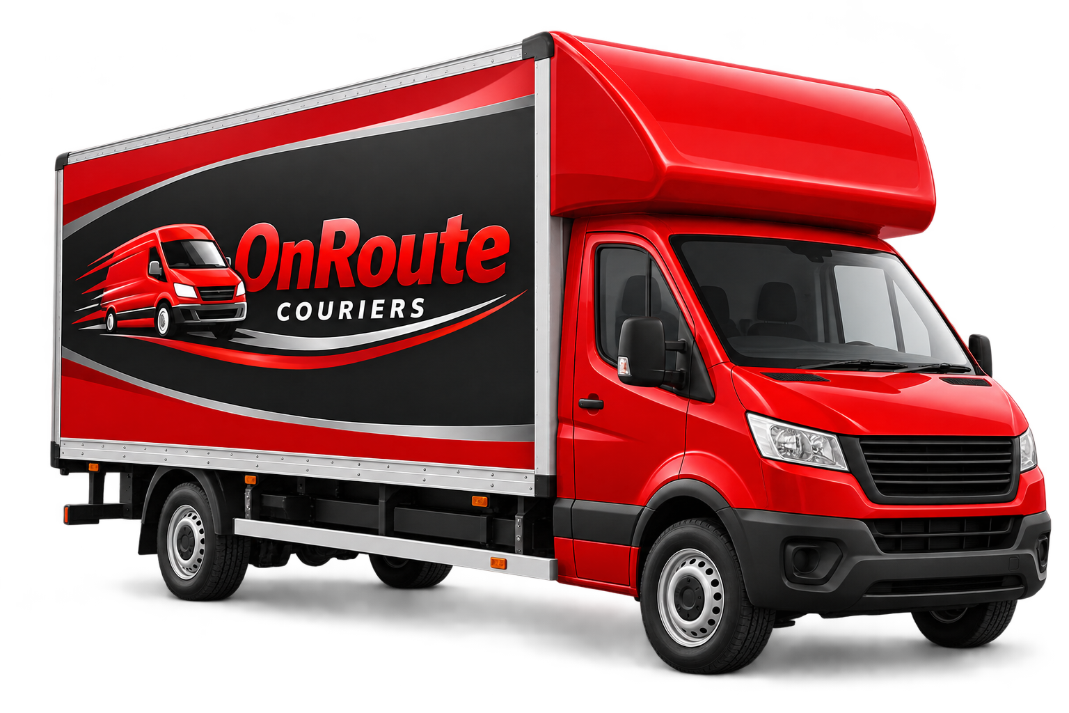Illustrative large Luton box van in red and charcoal OnRoute livery