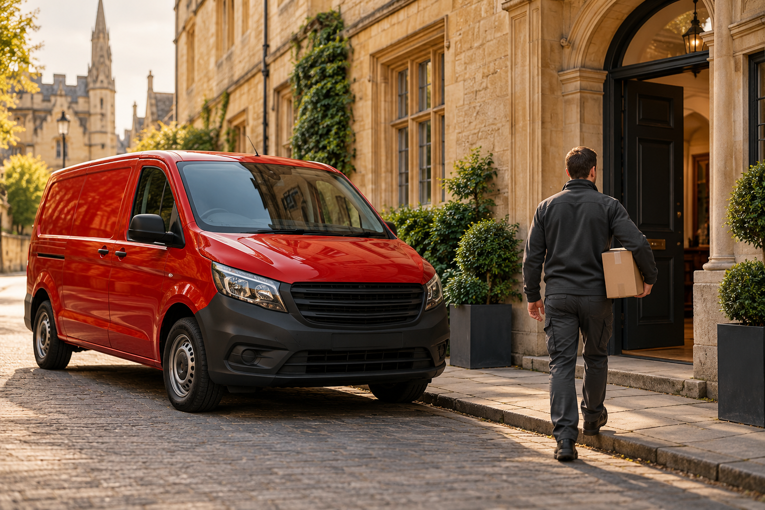 Illustration of a red courier van and parcel collection in Oxfordshire